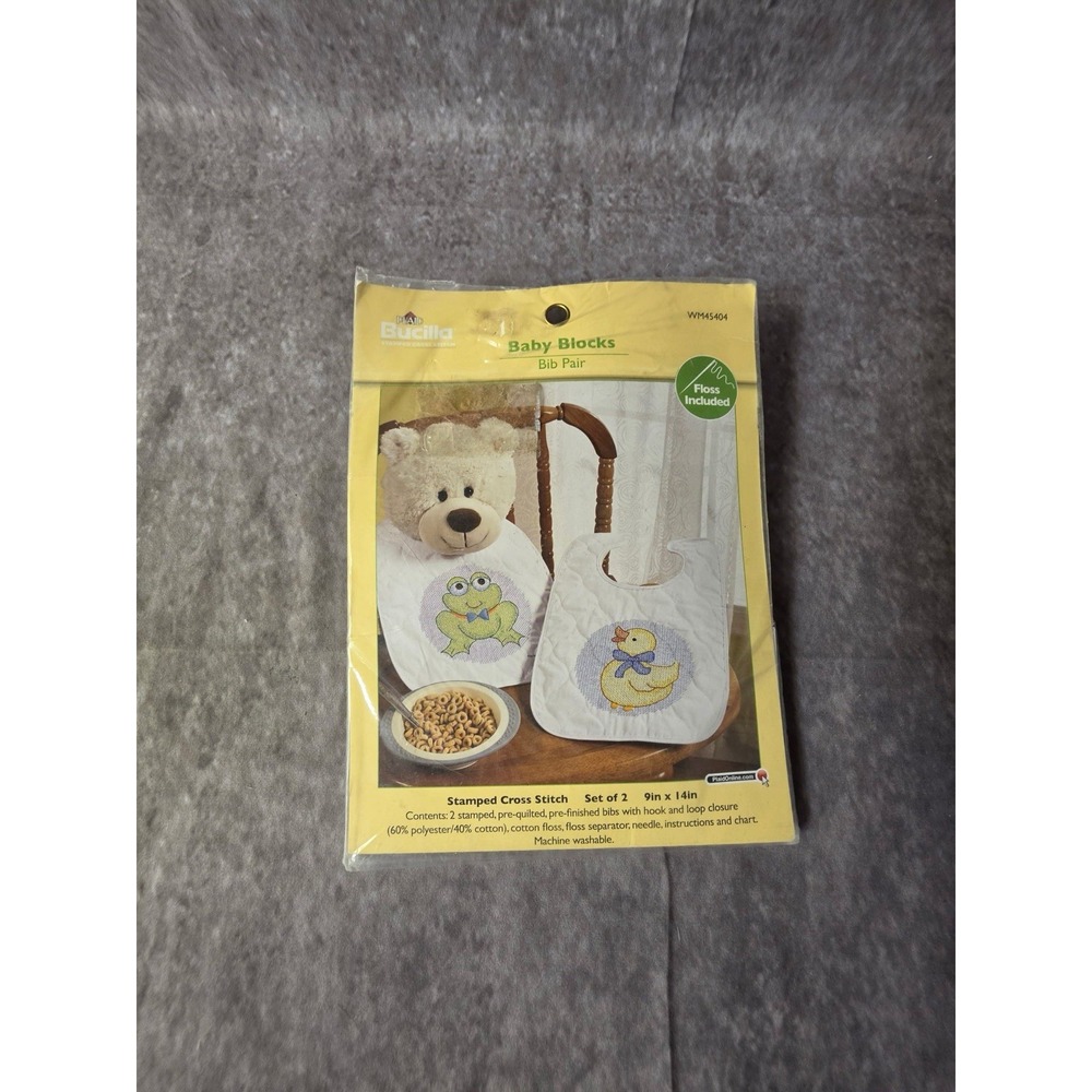 Bucilla BABY BLOCKS Stamped Baby Bib Pair FROG & DUCK Cross Stitch Kit #45404